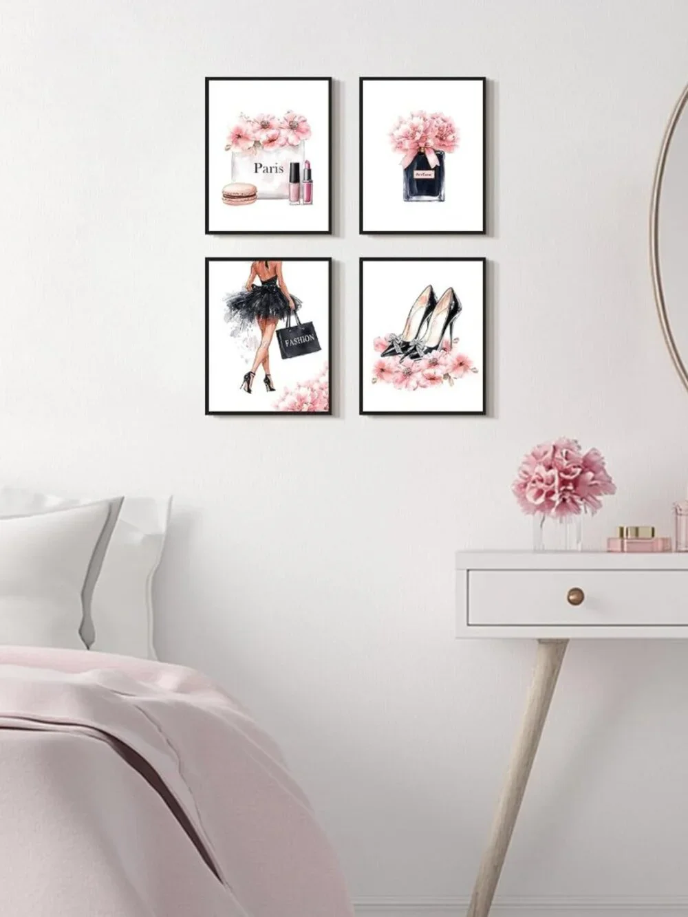 Glam Pink Beauty Wall Art Set - Framed Makeup Decor for Bedroom & Bathroom, 8x10